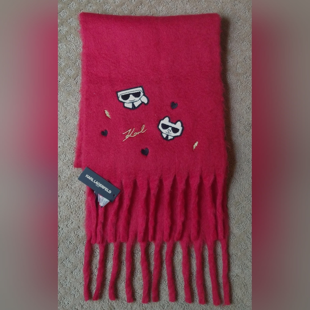 Karl Lagerfeld Scarf Red Fringe Embroidered Patch New NWT!